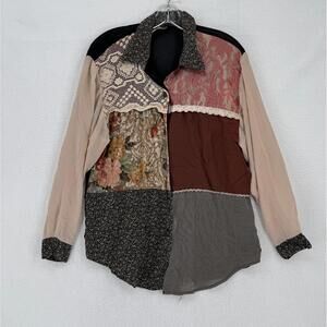 Judy Knapp Vintage Womens Black Mixed Media Patchwork Collared Button Top Sz M